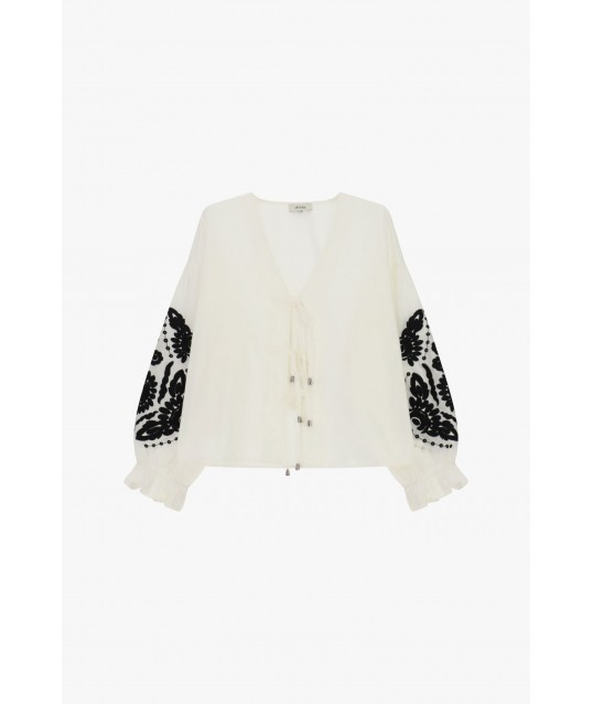 Blusa Ampia Con Ricami Floreali E Laccetti Dixie