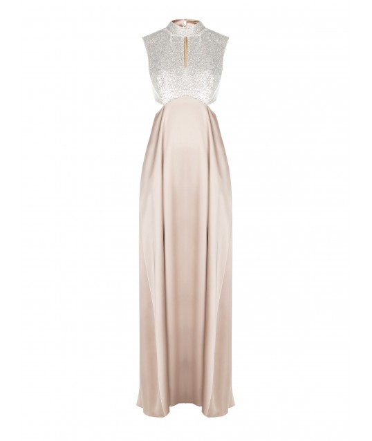Long Satin Flared Dress With Sequins Covered Bodice Rinascimento