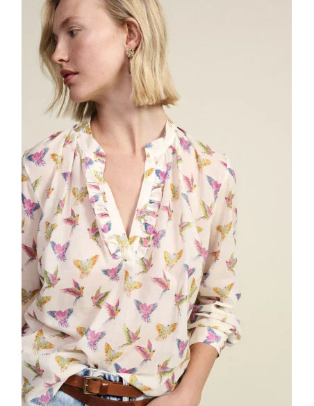 Patterned Blouse With Ruffled Neckline And Long Sleeves Dixie