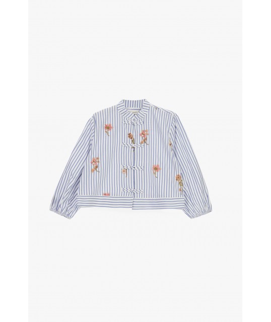 Striped Shirt With Floral Embroidery And Dixie Knot Closure