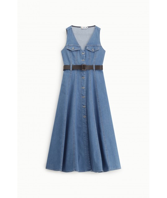 Midi Dress Flared With Front Pockets And Belt Please