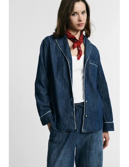 Regular-Fit Blouse with Piping and Patch Pocket Please