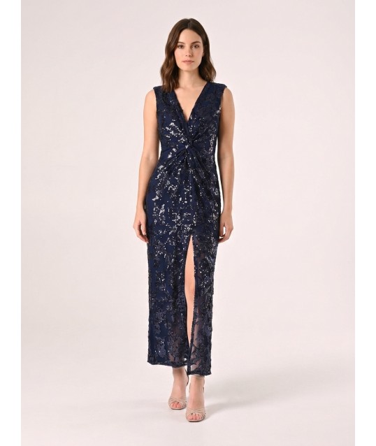 Rinascimento - Robe fourreau longue en maille avec paillettes et fente sur le devant