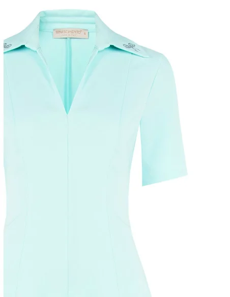 Bi-Stretch Woven Short Dress With V-Neckline And Rhinestone Bow At Collar Rinascimento