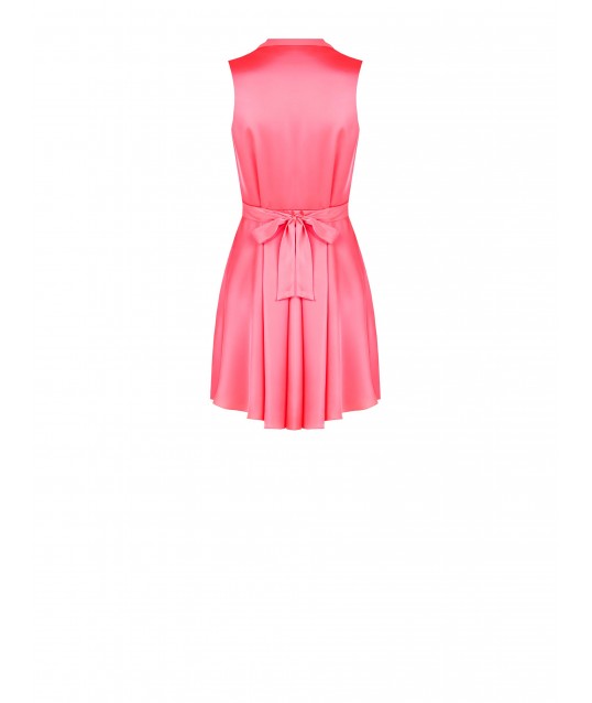 Rinascimento Short Satin Ruched Satin Dress with Bow Back and Ring Neckline