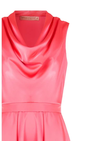 Rinascimento Short Satin Ruched Satin Dress with Bow Back and Ring Neckline