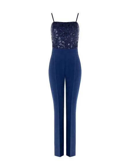 Straight One-piece Suit in Bi-Stretch Fabric and Embroidered and Sequined Bodice Rinascimento