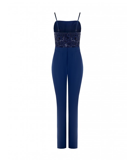 Combinaison droite une pièce en tissu bi-stretch avec corsage brodé et pailleté Rinascimento
