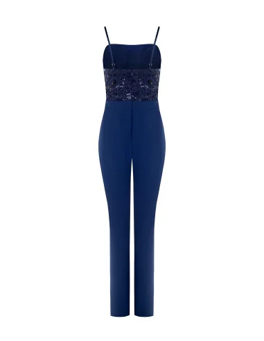 Straight One-piece Suit in Bi-Stretch Fabric and Embroidered and Sequined Bodice Rinascimento
