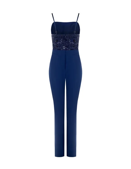 Straight One-piece Suit in Bi-Stretch Fabric and Embroidered and Sequined Bodice Rinascimento