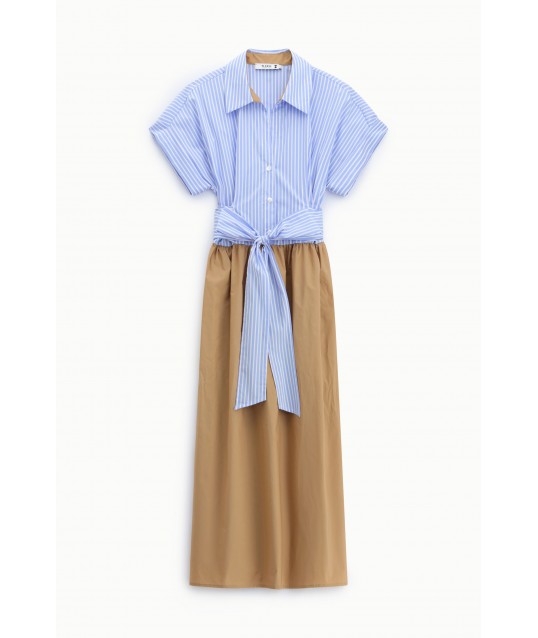 Long Dress With Striped Belt And Plain Skirt Please