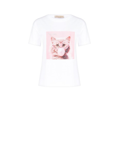 T-Shirt Regular In Cotone Con Stampa Cat Con Occhiali In Strass Rinascimento
