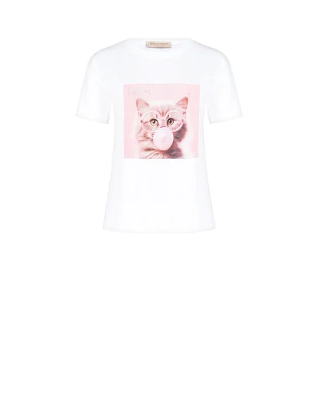 T-Shirt Regular In Cotone Con Stampa Cat Con Occhiali In Strass Rinascimento
