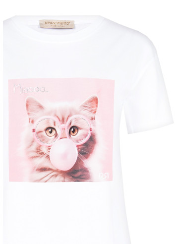 T-Shirt Regular In Cotone Con Stampa Cat Con Occhiali In Strass Rinascimento