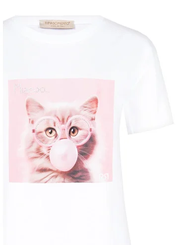 T-Shirt Regular In Cotone Con Stampa Cat Con Occhiali In Strass Rinascimento