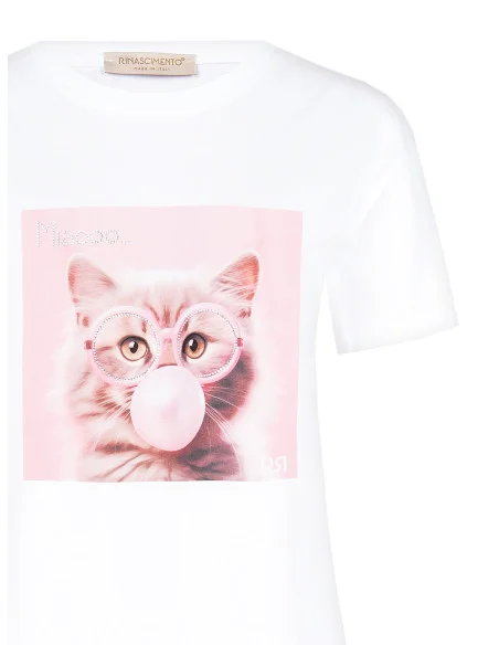 T-Shirt régulier en coton avec imprimé chat et lunettes en strass Rinascimento