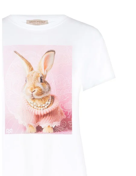 T-Shirt Ampia In Cotone Con Stampa Bunny E Perle Rinascimento