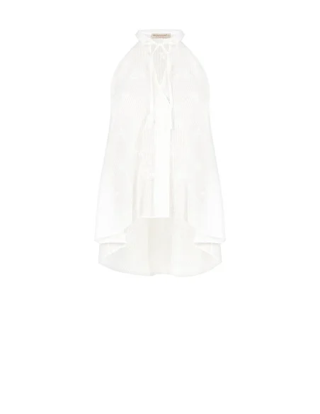 Rinascimento Asymmetrical Long Striped Cotton Embroidered And Perforated Top