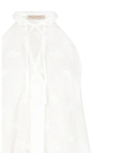 Rinascimento Asymmetrical Long Striped Cotton Embroidered And Perforated Top