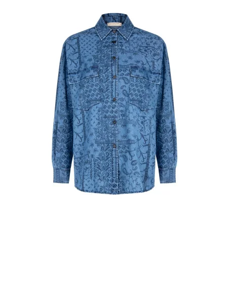 Lightweight Printed Denim Large Shirt With Maxi Pockets Rinascimento