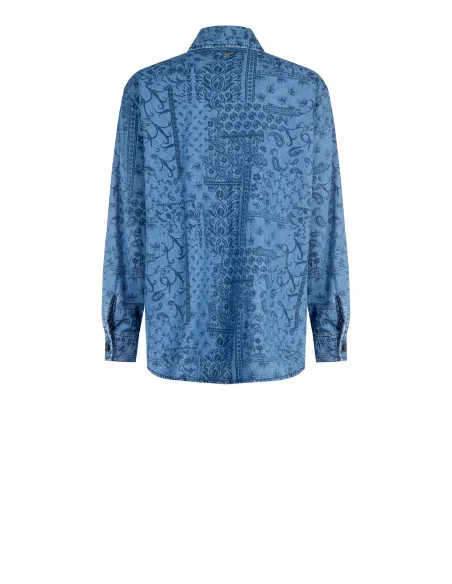 Camicia Ampia Lunga In Denim Leggero Stampato Con Maxi Tasche Rinascimento