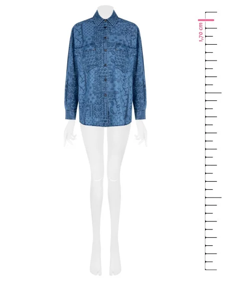 Camicia Ampia Lunga In Denim Leggero Stampato Con Maxi Tasche Rinascimento