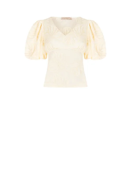 Rinascimento - Top en coton plié avec broderie de feuilles et encolure en V