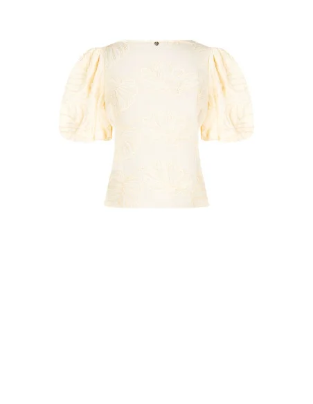 Rinascimento Folded Cotton Top With Leaf Embroidery And V-Neckline