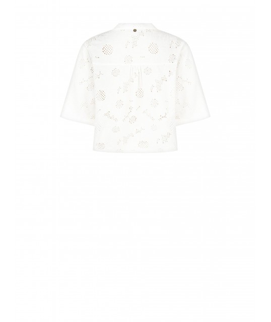Rinascimento Flower Embroidered and Perforated Cotton Blend Wide V-neck Shirt