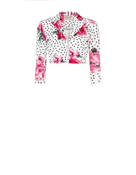 Flower and Polka Dot Print Crepe Fabric Crop Jacket With Hook and Shoulder Straps Rinascimento