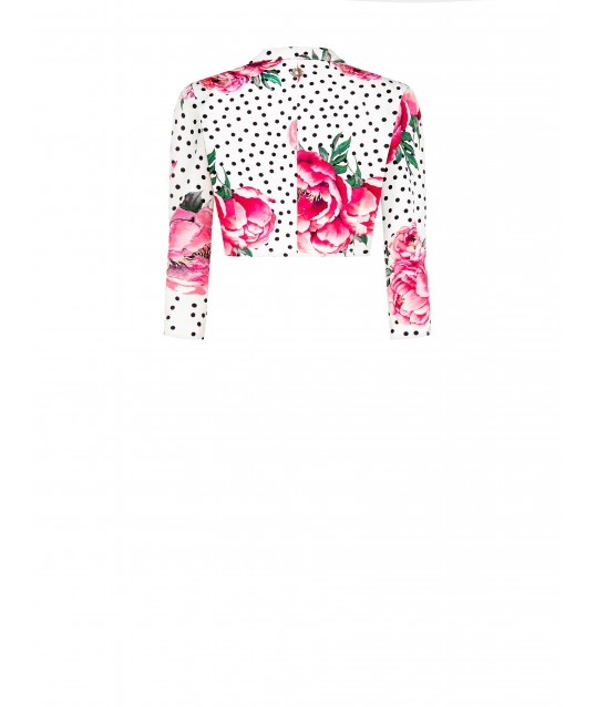 Flower and Polka Dot Print Crepe Fabric Crop Jacket With Hook and Shoulder Straps Rinascimento