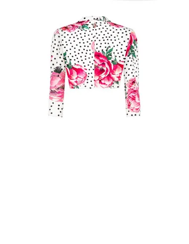 Flower and Polka Dot Print Crepe Fabric Crop Jacket With Hook and Shoulder Straps Rinascimento