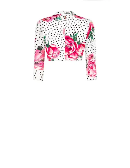 Flower and Polka Dot Print Crepe Fabric Crop Jacket With Hook and Shoulder Straps Rinascimento