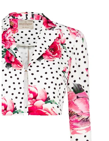 Flower and Polka Dot Print Crepe Fabric Crop Jacket With Hook and Shoulder Straps Rinascimento