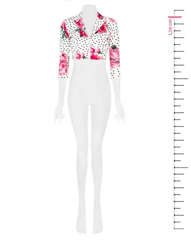 Flower and Polka Dot Print Crepe Fabric Crop Jacket With Hook and Shoulder Straps Rinascimento