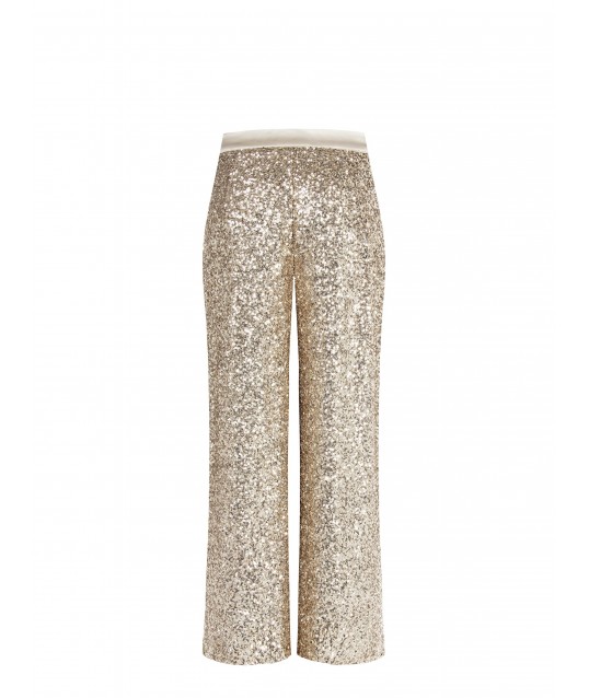 Pantalon de palais recouvert de paillettes avec taille en satin et bouton Rinascimento en satin