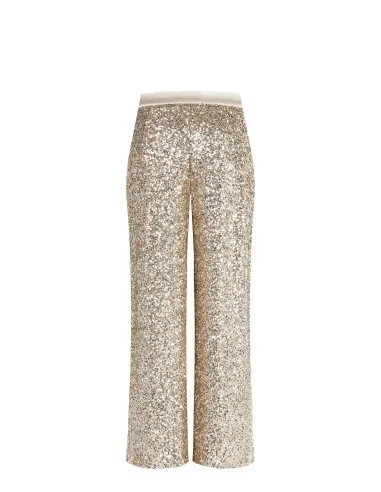 Sequin-covered Palace Trousers With Satin Waist And Button Satin Rinascimento