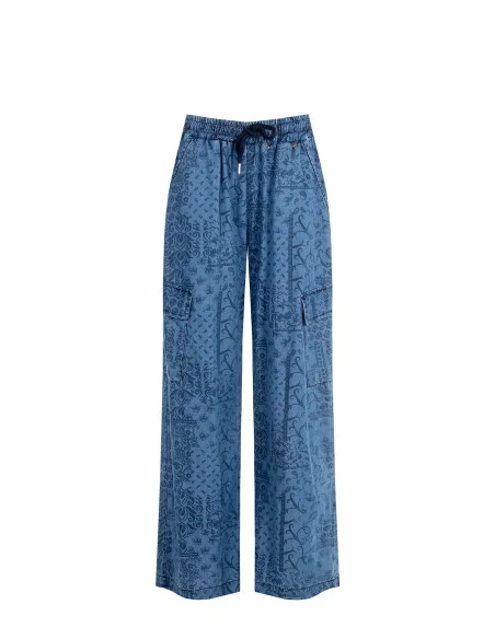 Pantaloni Palazzo Cargo In Denim Leggero Stampato Rinascimento
