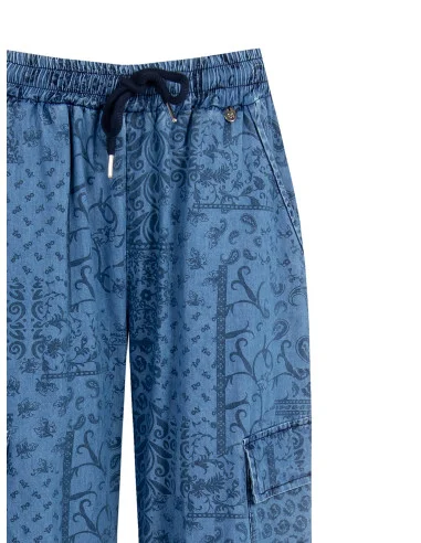 Pantaloni Palazzo Cargo In Denim Leggero Stampato Rinascimento