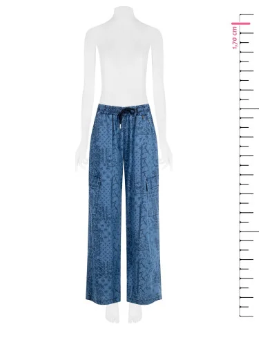 Pantaloni Palazzo Cargo In Denim Leggero Stampato Rinascimento