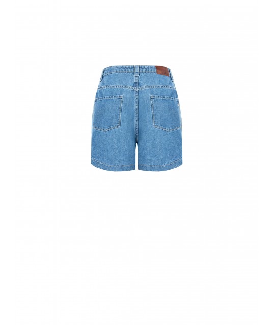 Pantaloni Corti Larghi In Denim Con Pinces E Cristalli Cabochon Rinascimento