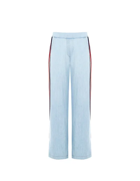Denim Palazzo Trousers With Side Bands And Elastic Back Rinascimento