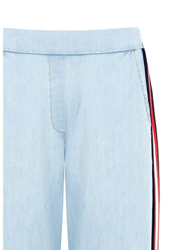 Denim Palazzo Trousers With Side Bands And Elastic Back Rinascimento