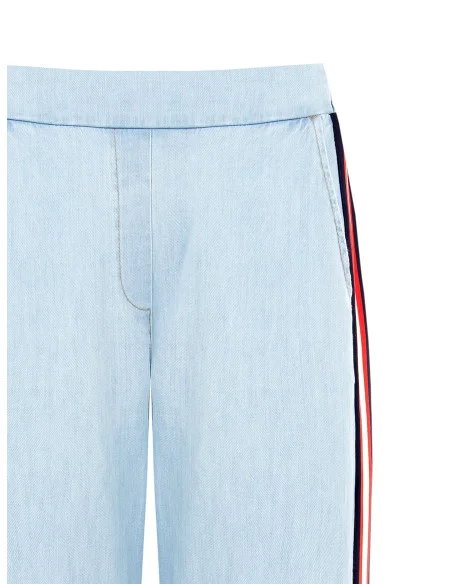Denim Palazzo Trousers With Side Bands And Elastic Back Rinascimento