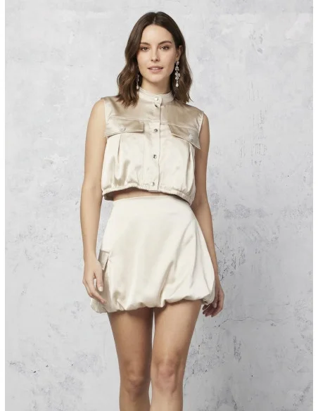 Satin Balloon Mini Skirt With Pocket And Jewel Button On Side Rinascimento