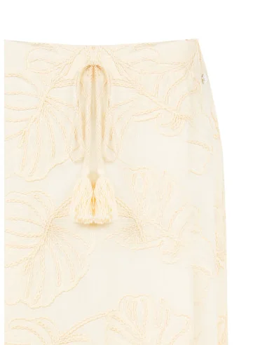 Gonna Midi A Ruota In Cotone Con Ricami Foglia E Nappe Rinascimento