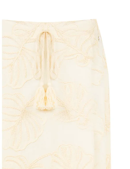 Cotton Midi Skirt With Leaf Embroidery And Tassels Rinascimento