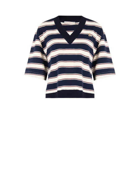 Sweat-shirt à manches courtes en coton mélangé avec col en V et épingle à abeille Rinascimento