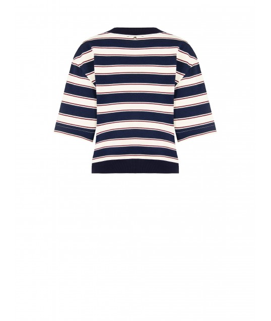 Sweat-shirt à manches courtes en coton mélangé avec col en V et épingle à abeille Rinascimento