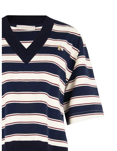 Cotton Mix Short-Sleeved Sweatshirt With V-Neck And Bee Pin Rinascimento